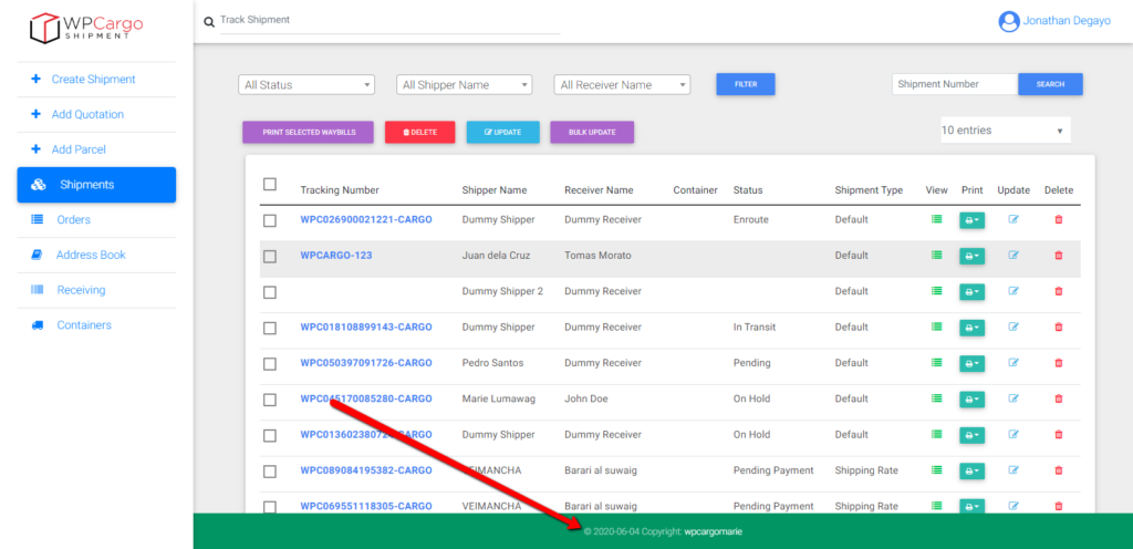 How to edit frontend dashboard footer text. - WPCargo Track & Trace System